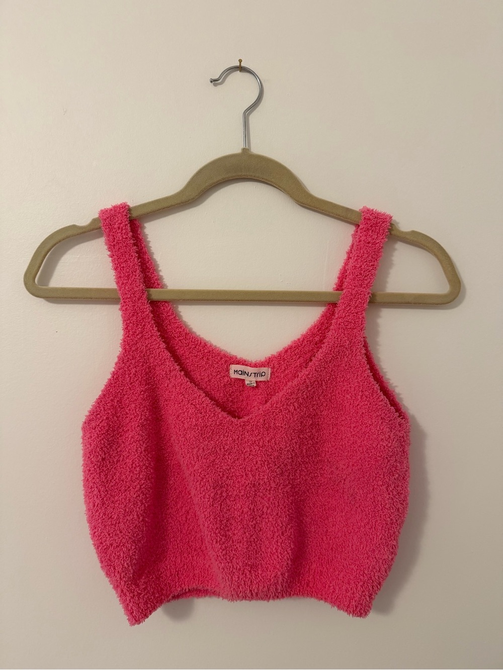 Main Strip Hot Pink Fuzzy V-Neck Cropped Tank
